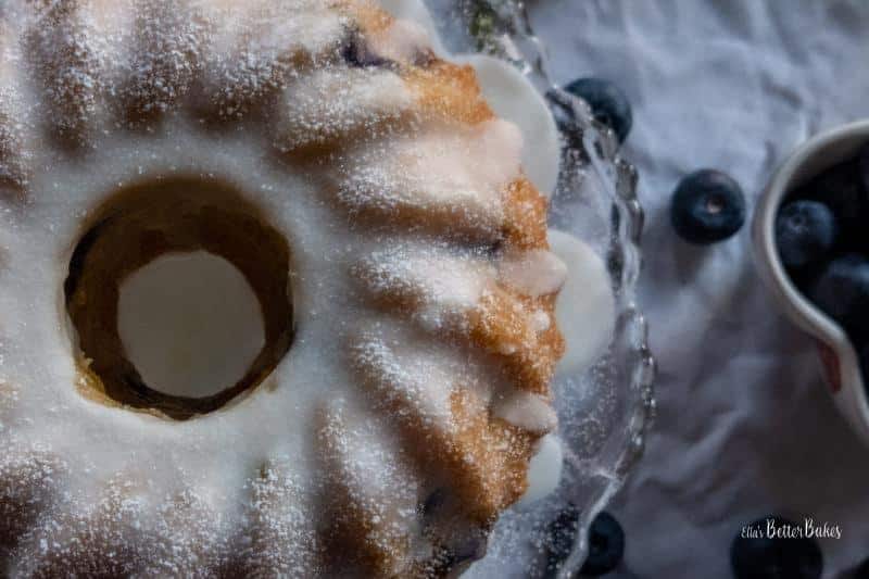close up of almond, blueberry and limoncello bundt cake 