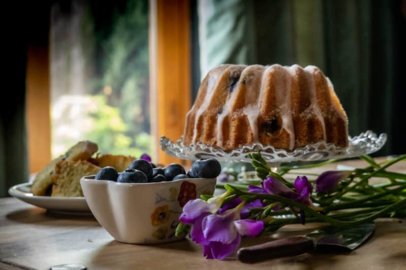 collage of almond, blueberry and limoncello bundt cake