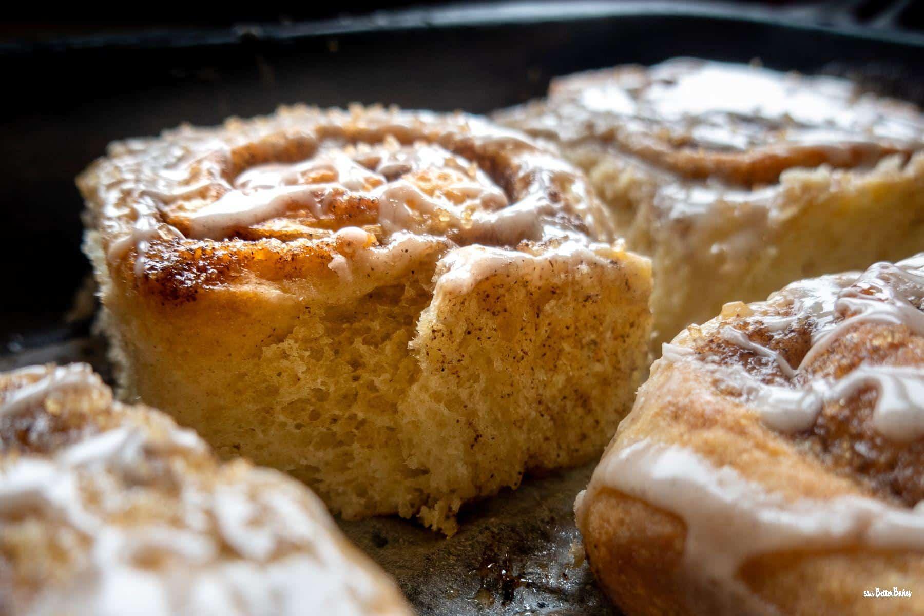 cinnamon buns broken up in tin