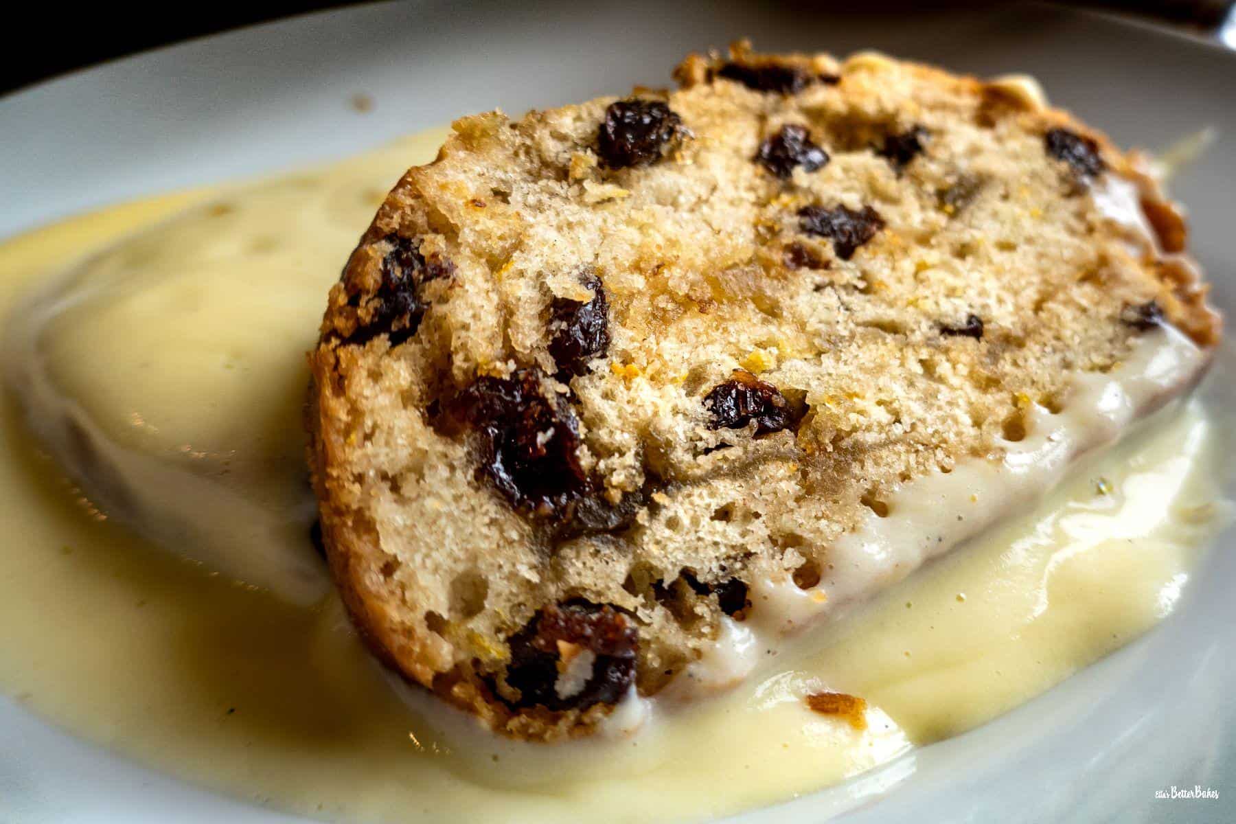 citrus roly poly spotted dick in bowl with custard