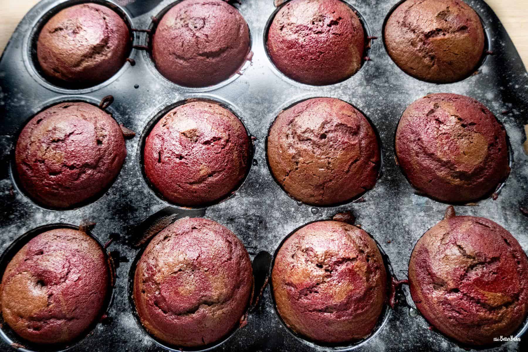 red velvet vegan Bundt cakes baked in tin