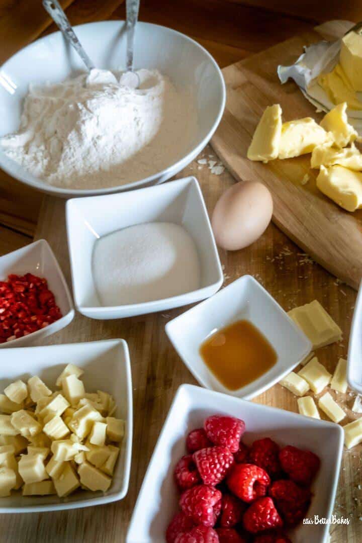 ingredients for raspberry and white chocolate cookies