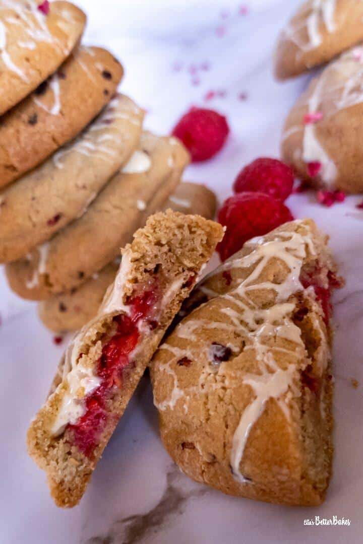 stack of raspberry and white chocolate cookies