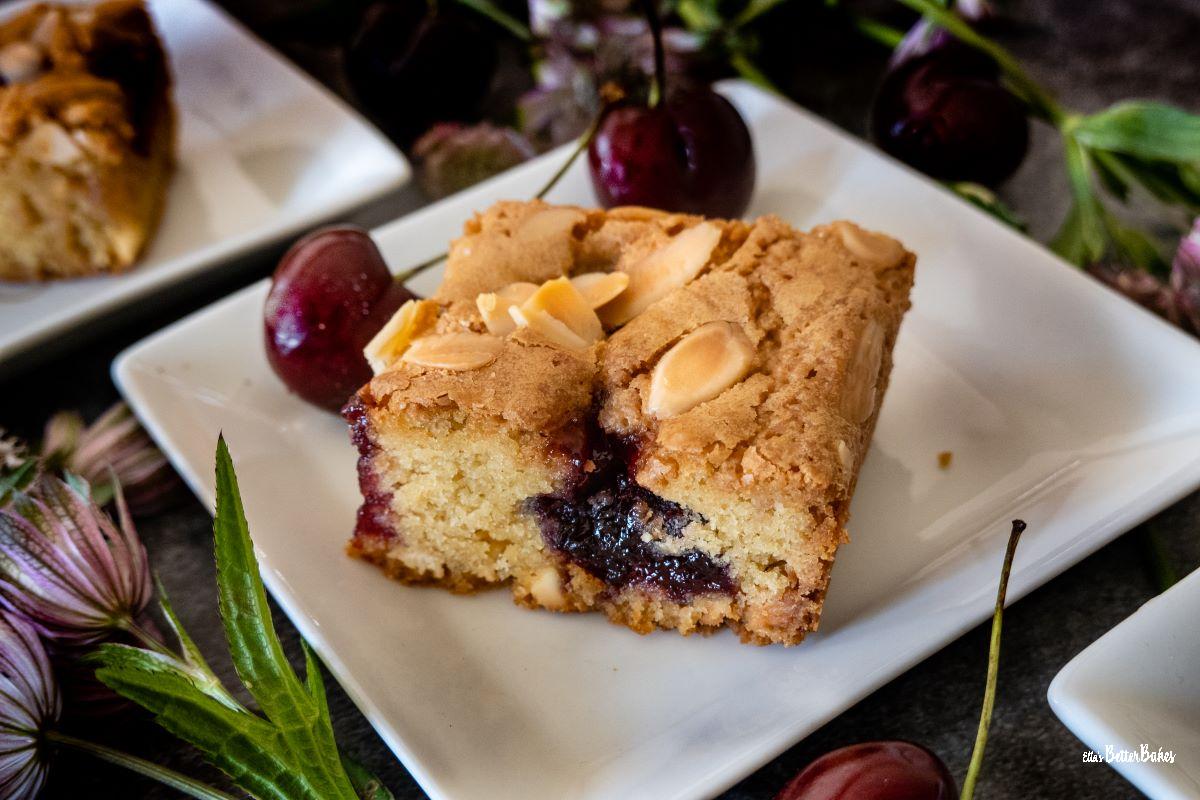 single cherry bakewell on a plate
