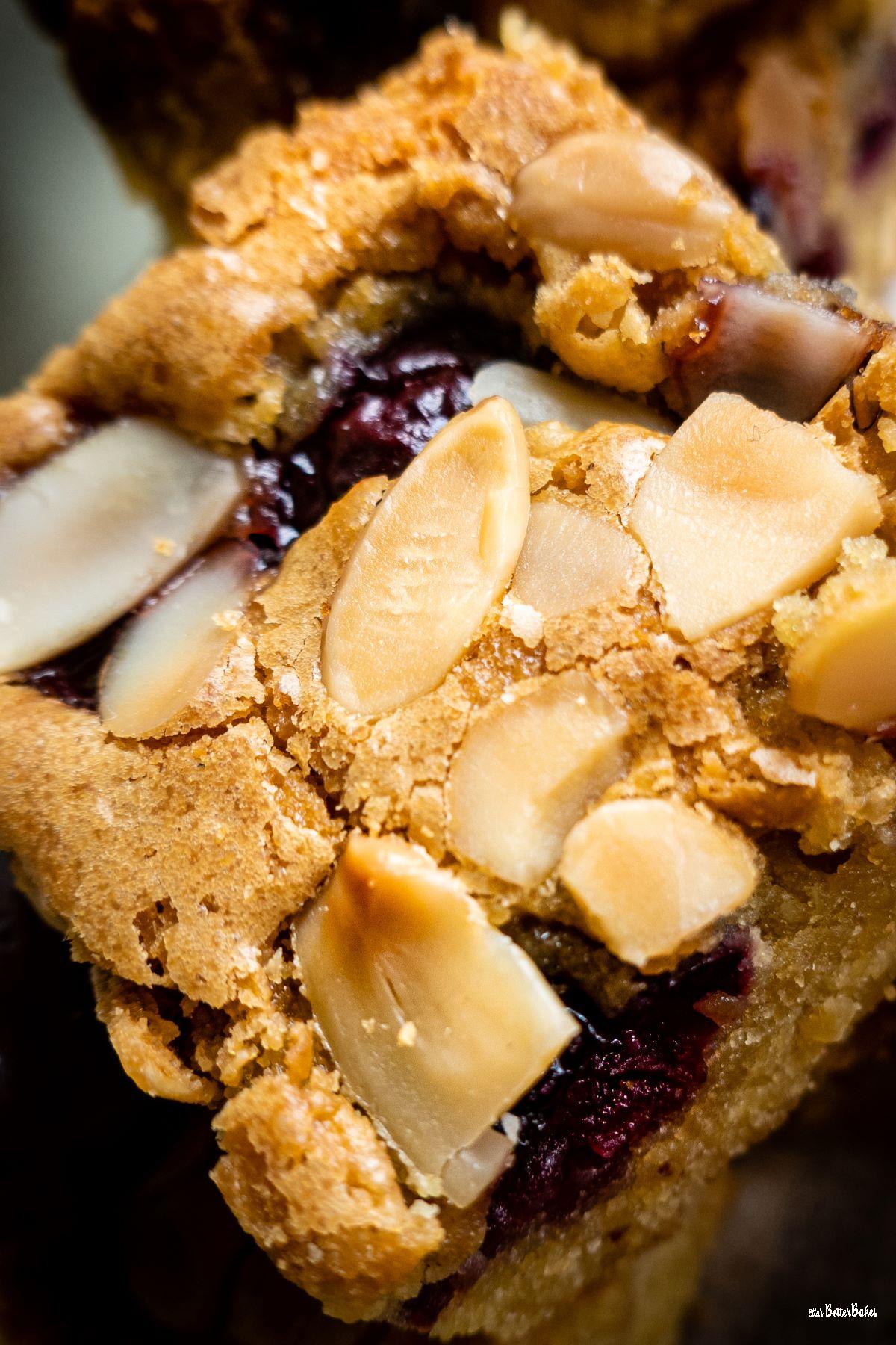 close up of a cherry bakewell blondie