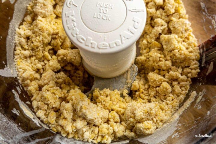 pastry dough mixed ready in processor