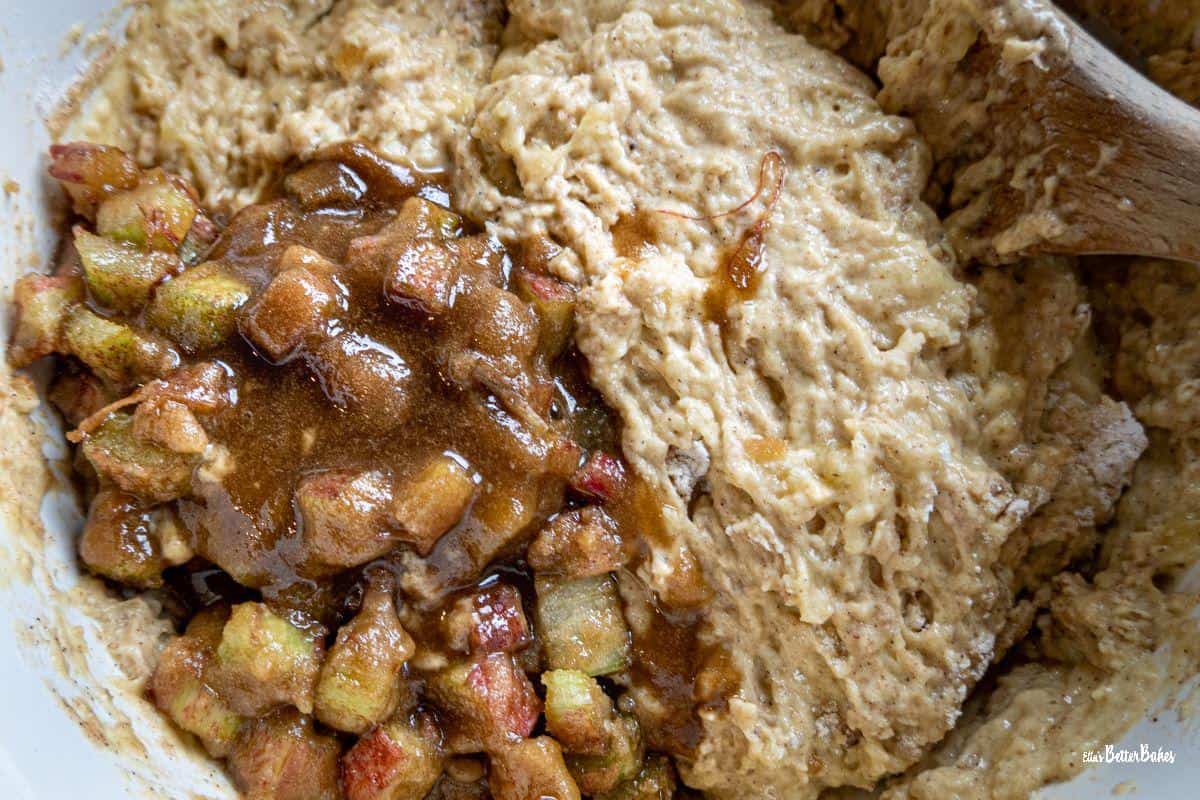 banana rhubarb muffin mixture rhubarb added