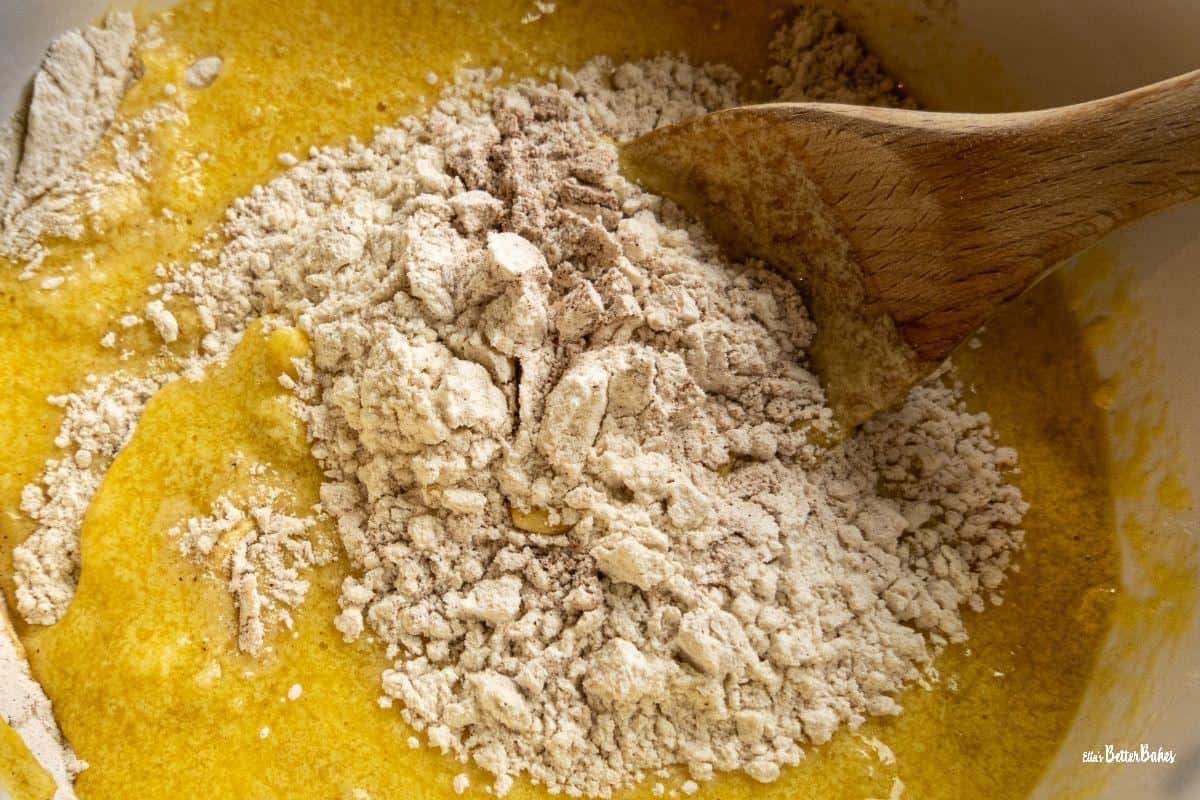 flour added to egg mixture for banana rhubarb muffins wider shot