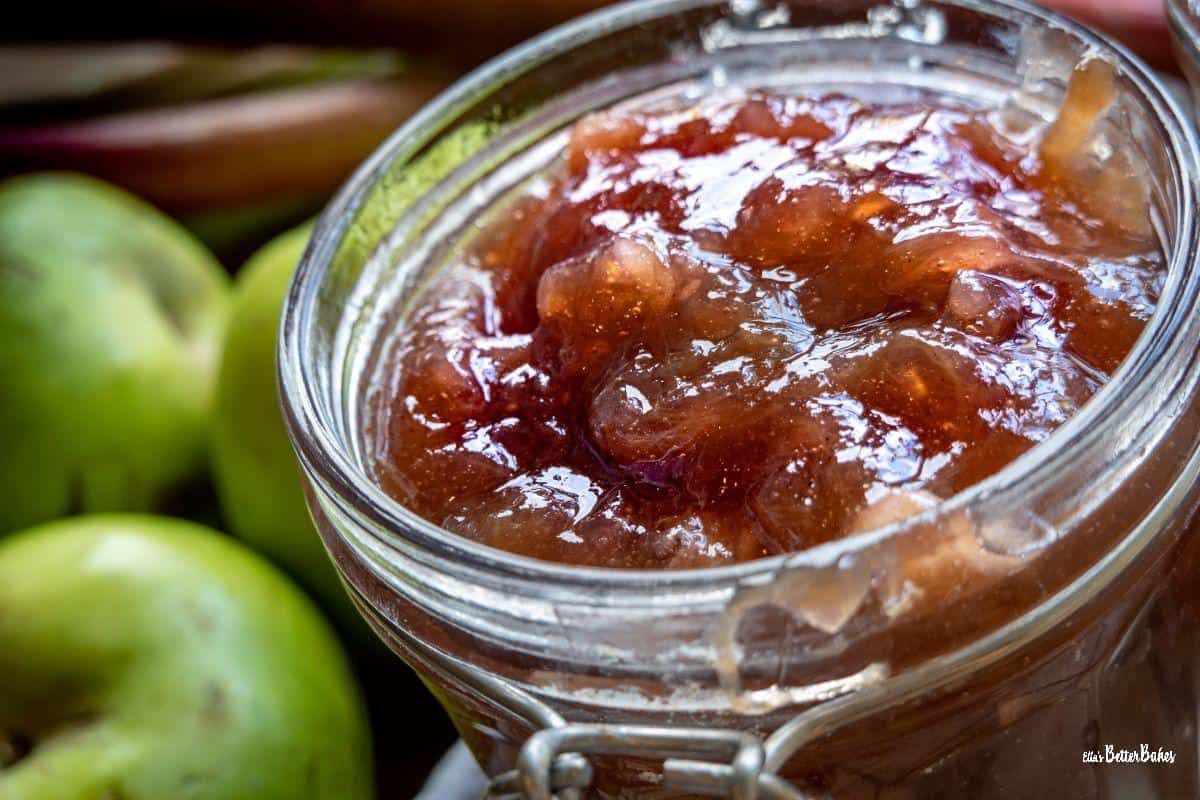 rhubarb and apple jam in jar close up