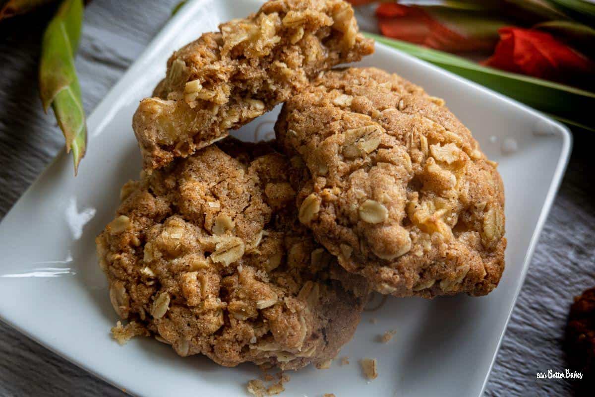 3 apple and oat cookies on a plate