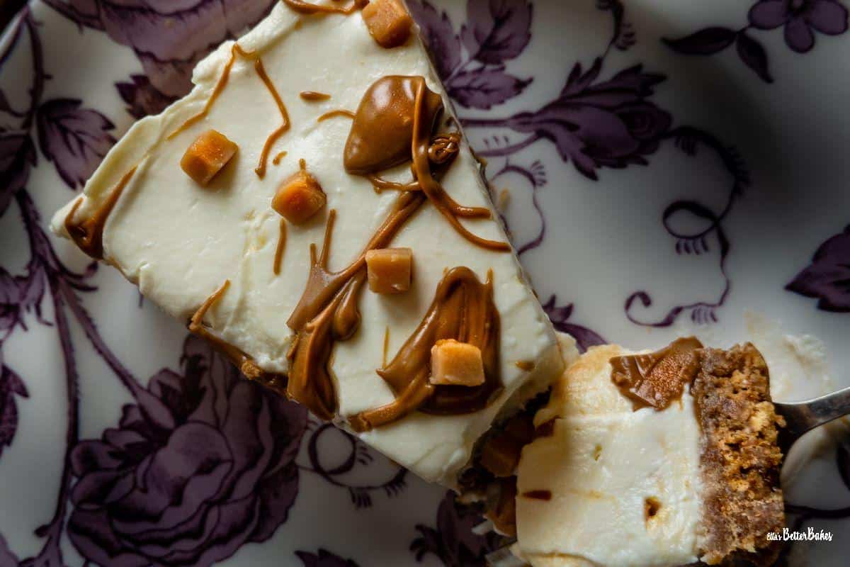 overview of slice of salted caramel cheesecake