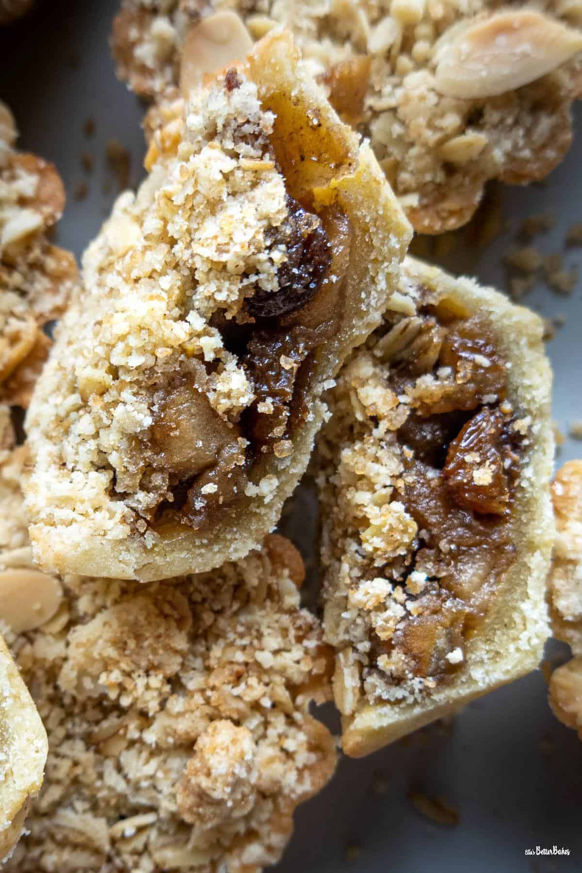 close up of inside of apple crumble tartlet