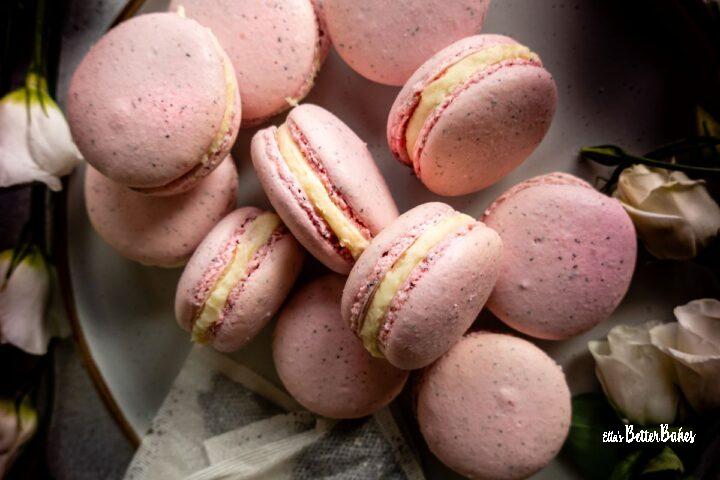 earl grey macarons surrounded by flowers