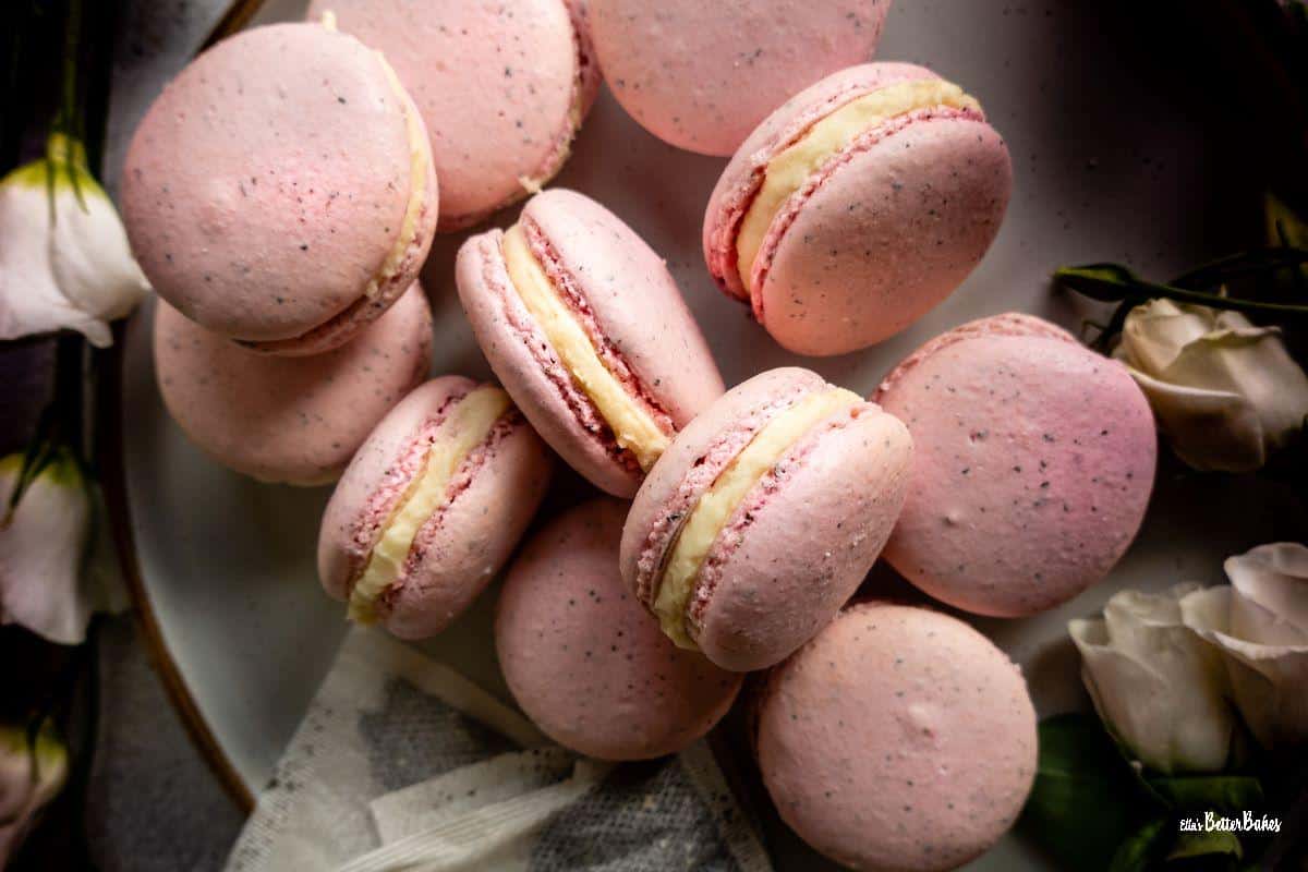 earl grey macarons surrounded by flowers