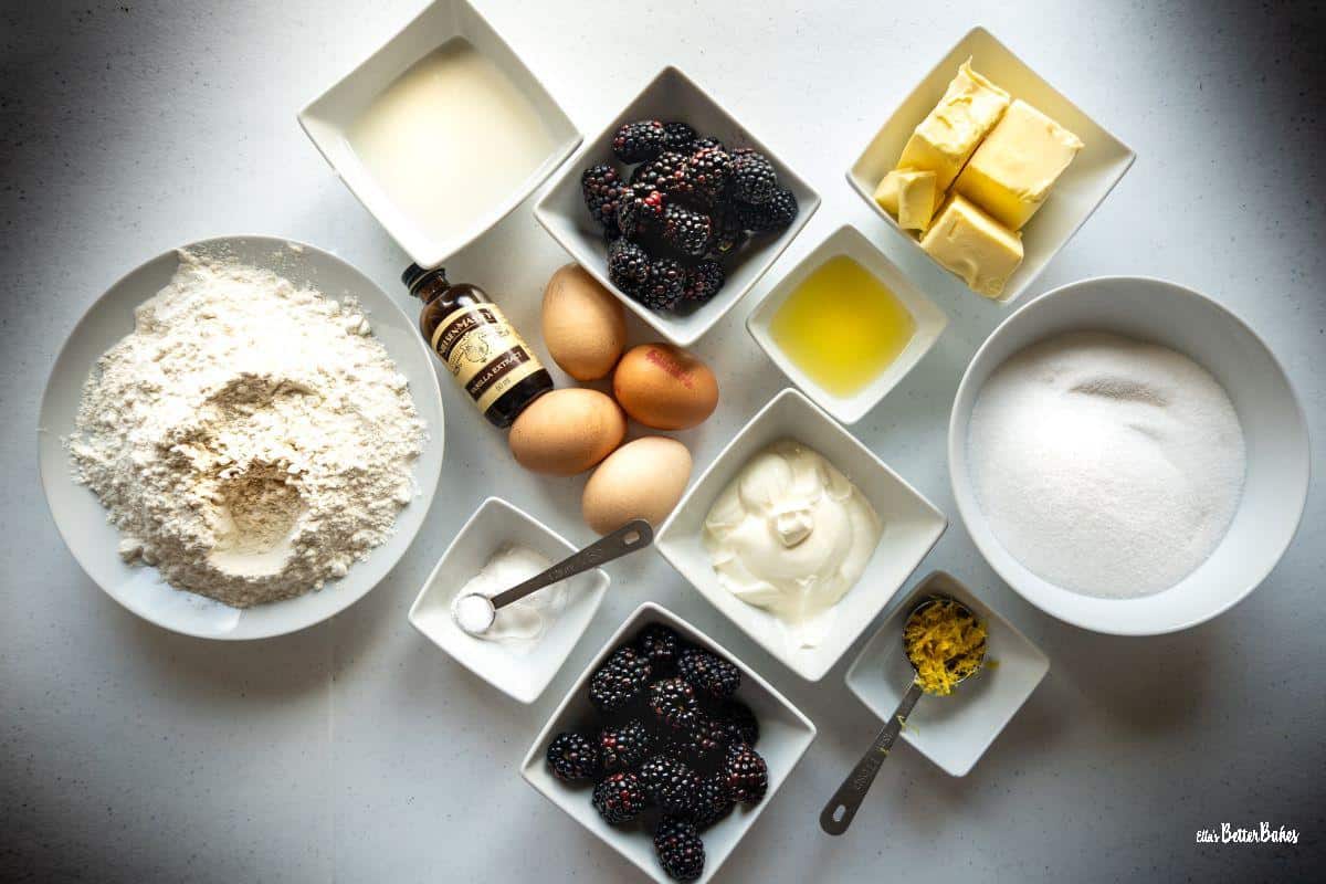 ingredients for lemon and blackberry cake