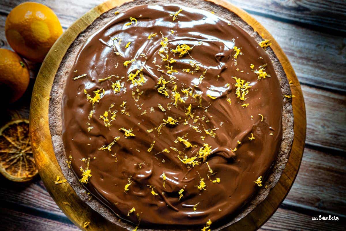 chocolate cake with orange overhead shot