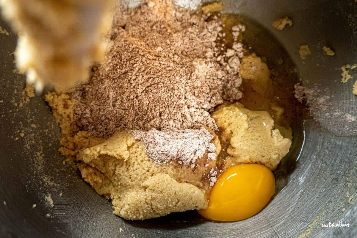 egg and flour added to beaten butter and sugar
