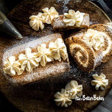 featured image of cut coffee swiss roll with Baileys Irish cream