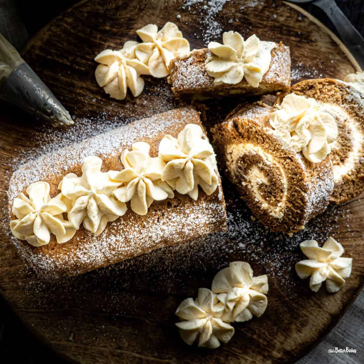 featured image of cut coffee swiss roll with Baileys Irish cream