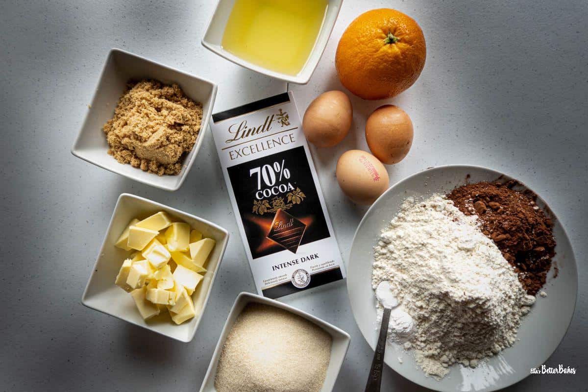 ingredients for chocolate cake with orange