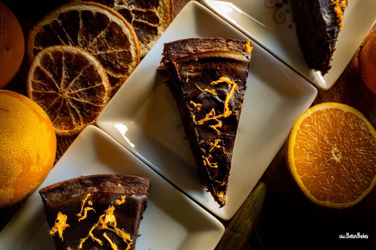 three slices of chocolate orange cake