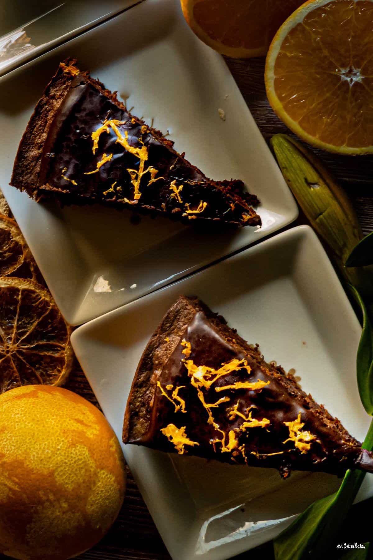 two slice of chocolate orange cake portrait size