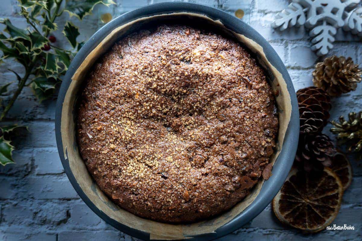 baked Christmas cake in tin