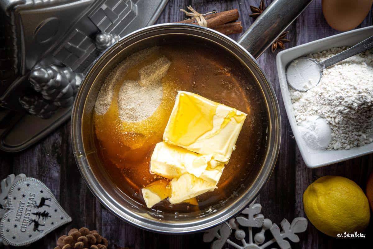 butter, golden syrup and sugar in saucepan