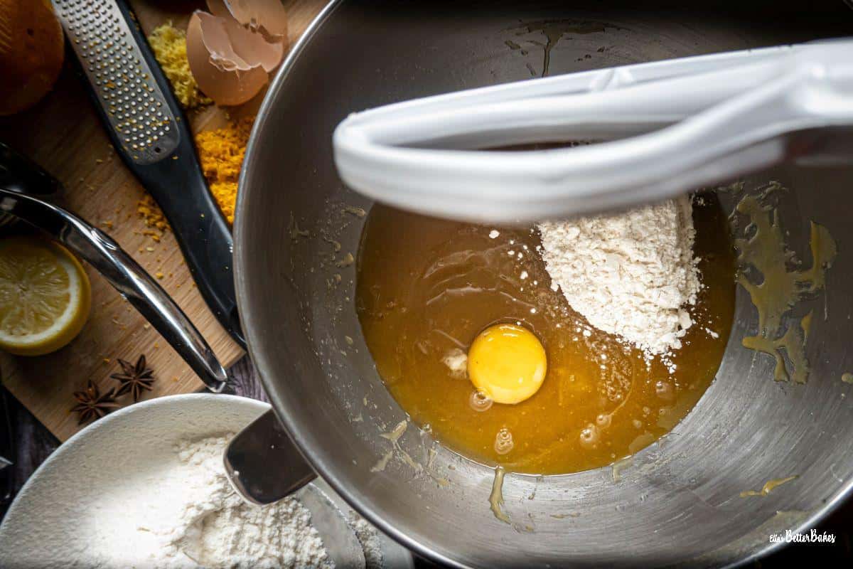 egg and flour added to butter mixture
