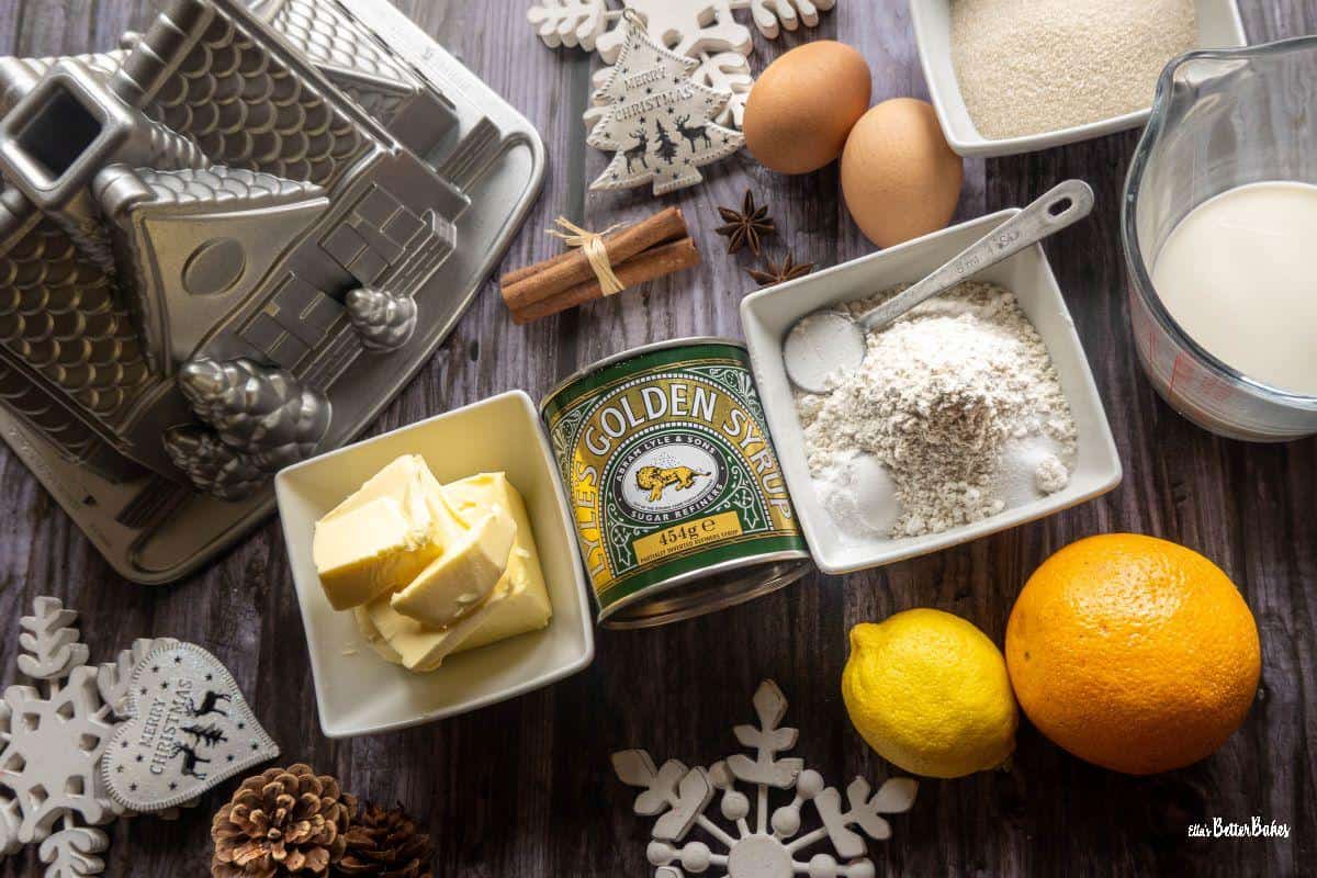 ingredients for golden syrup cake laid out