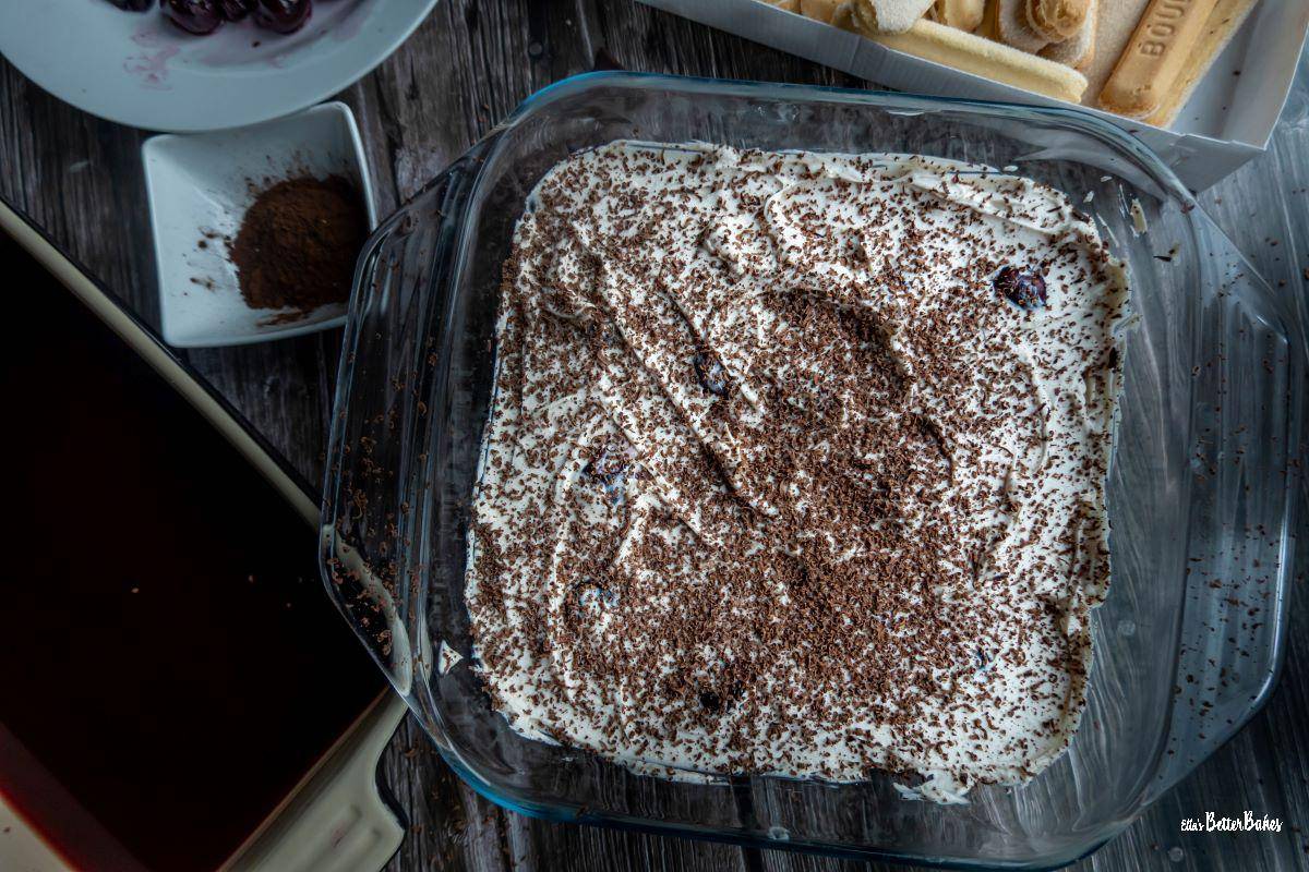 chocolate grated over tiramisu