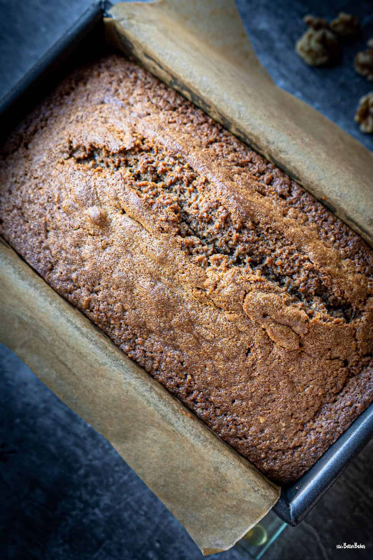 baked coffee and walnut cake in tin