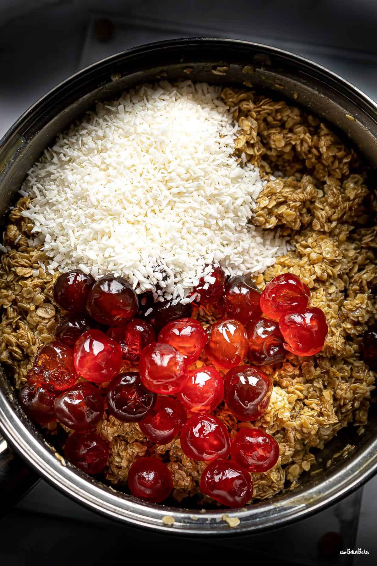 cherries and coconut added to flapjack mixture