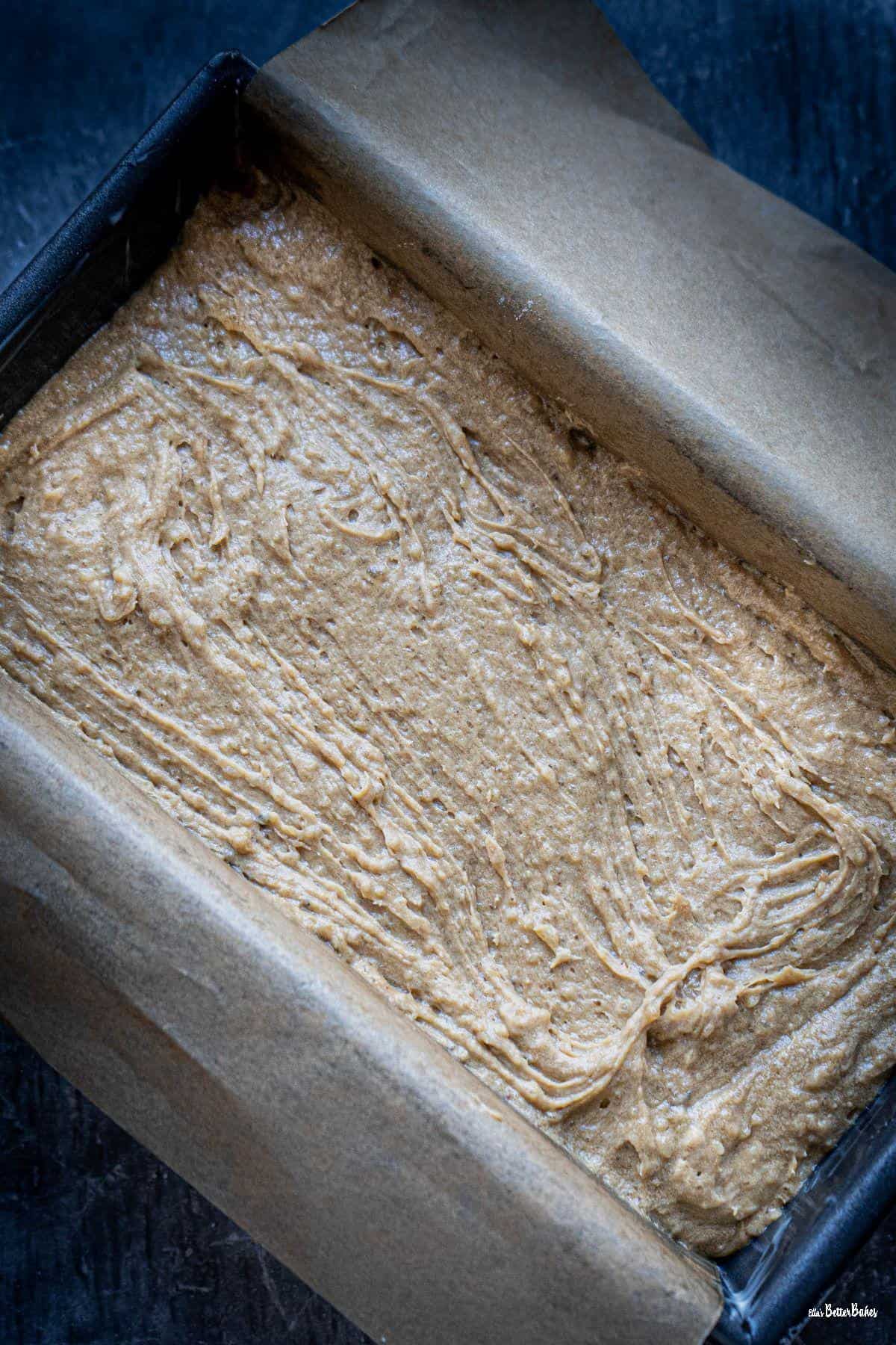 coffee and walnut loaf cake batter it tin