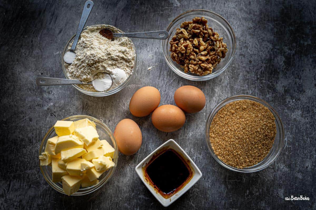 ingredients for coffee and walnut loaf cake