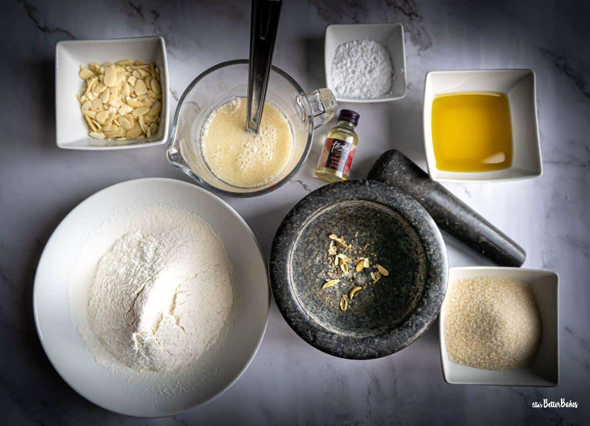 ingredients for vegan almond cake laid out