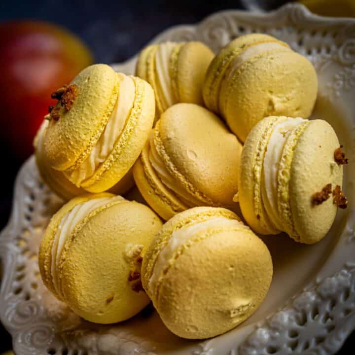 featured image mango macarons on stand