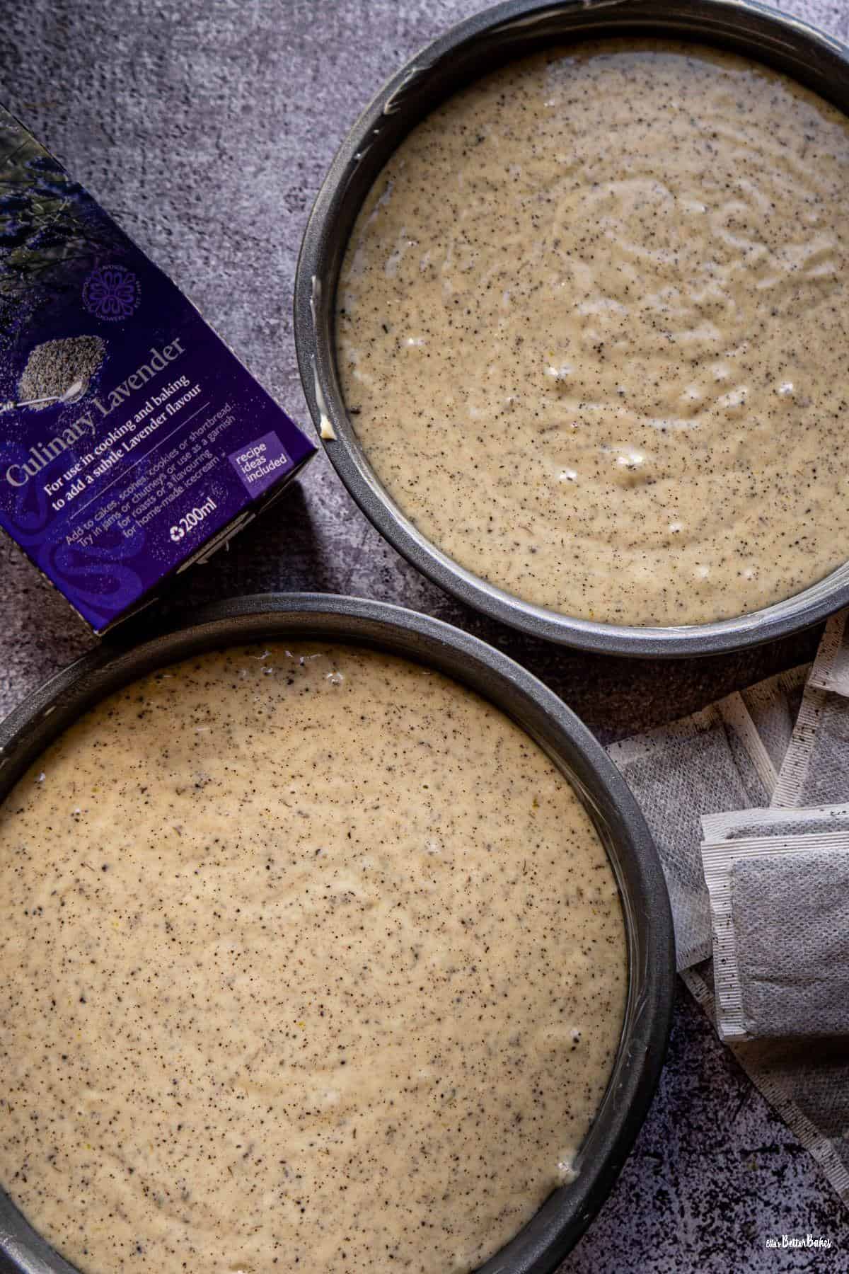 lavender and earl grey cake batter in tins