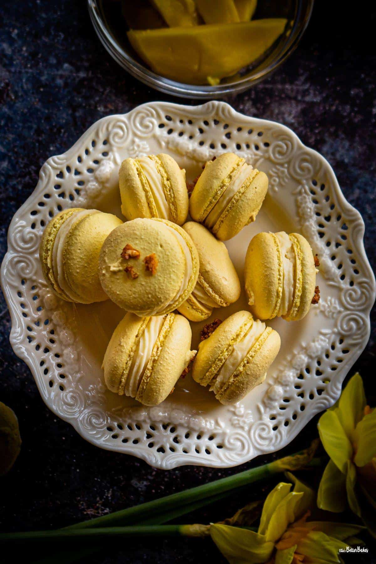 macarons on cake stand top shot portrait