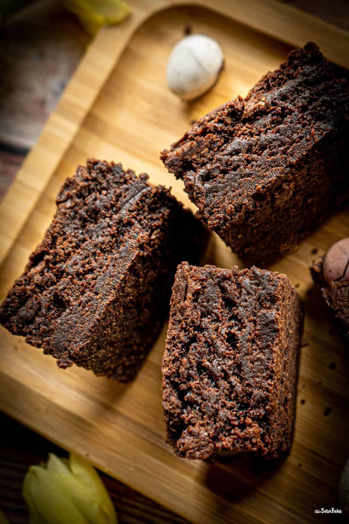 three brownies on their sides cut up