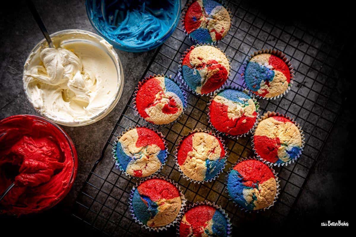 cupcakes next to red, white and blue icing