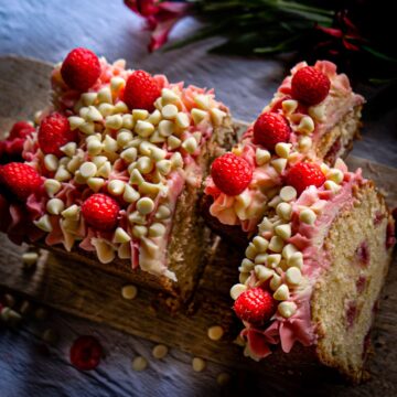 featured image of cut raspberry and white chocolate loaf cake