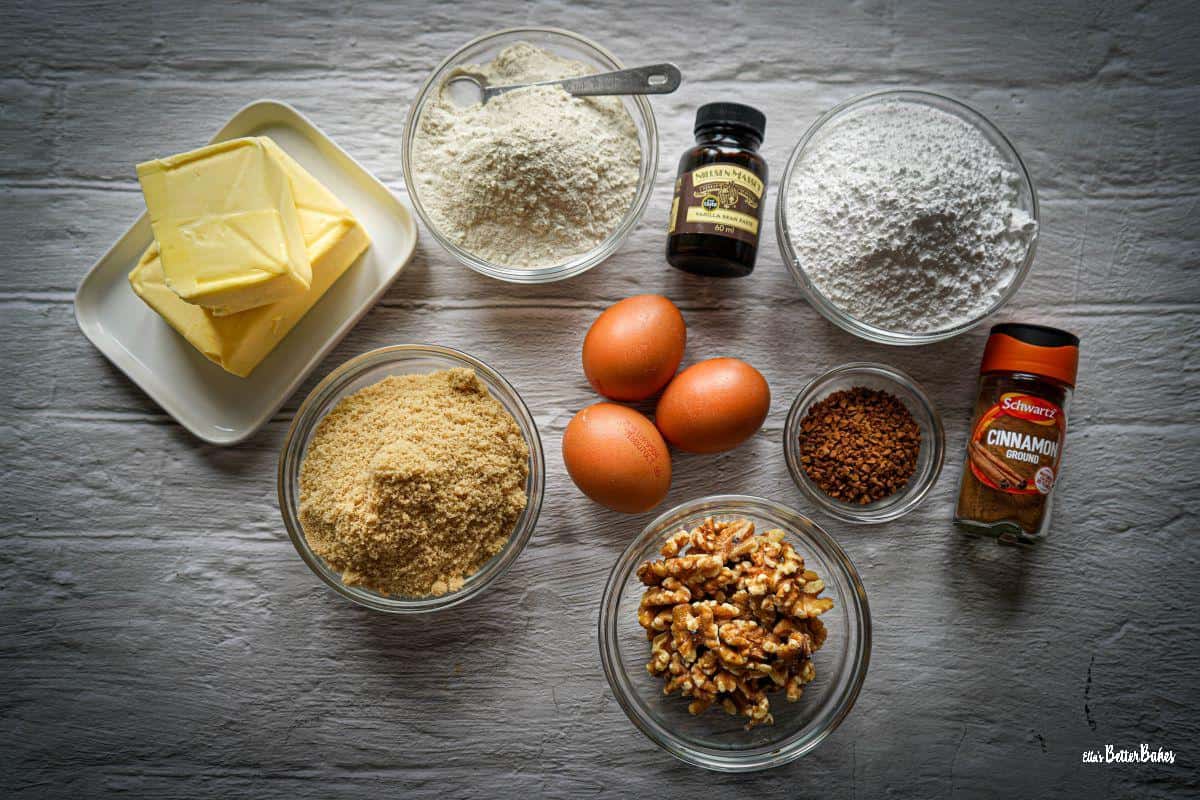 ingredients for coffee and walnut cupcakes