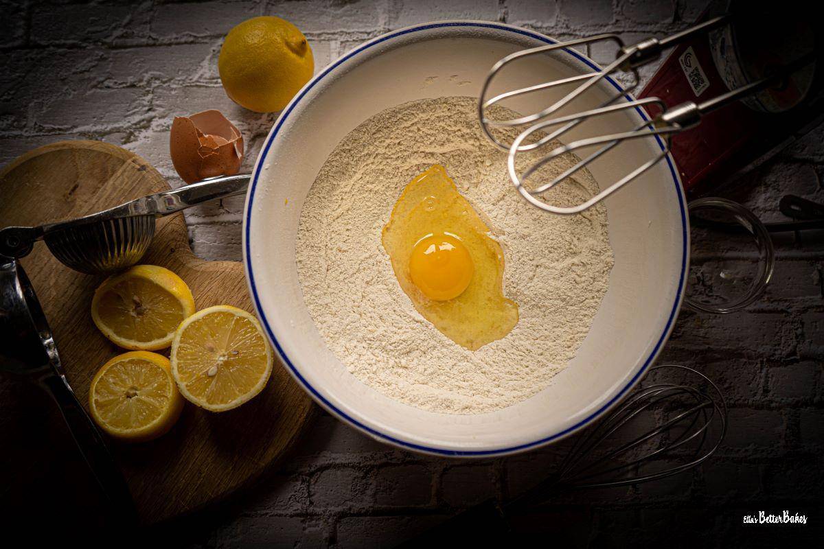 egg added to flour for lemon pancakes