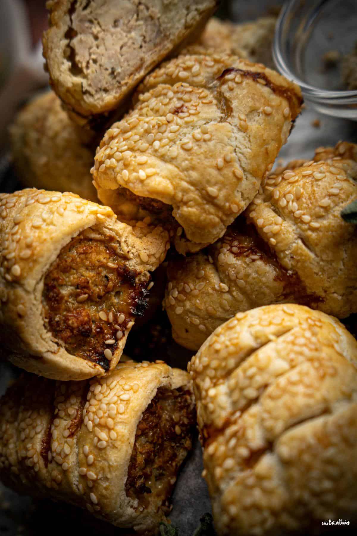 several shortcrust pastry sausage rolls stacked
