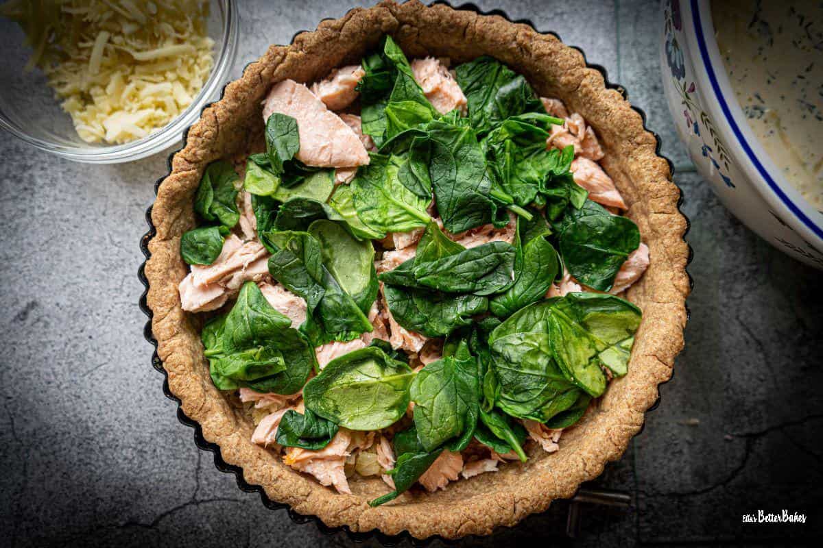 spinach added to salmon and spinach quiche