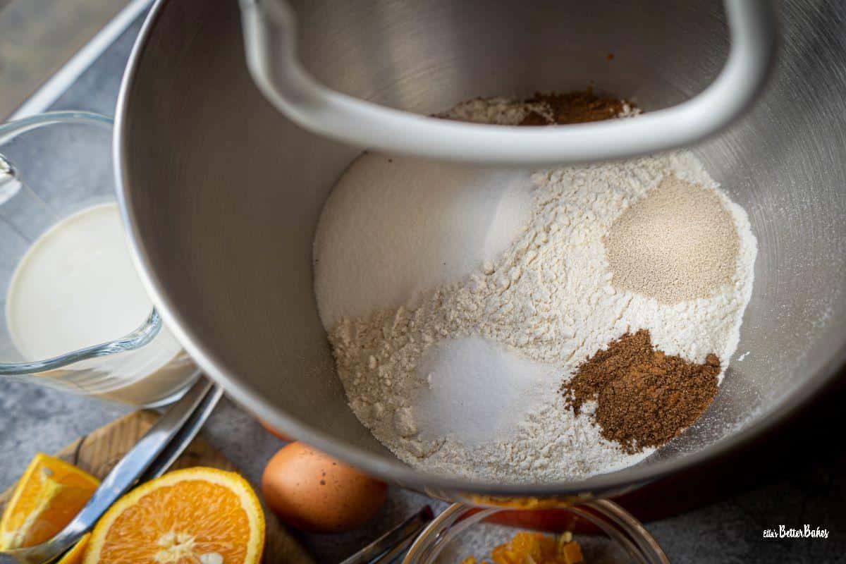 spices, yeast and salt added to flour