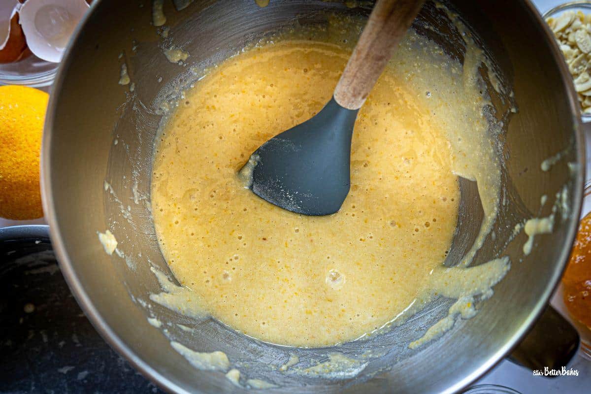 oil and egg mixed into Italian almond cake batter
