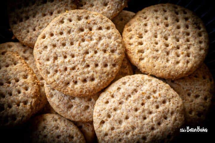 close up of plate of digestive biscuits