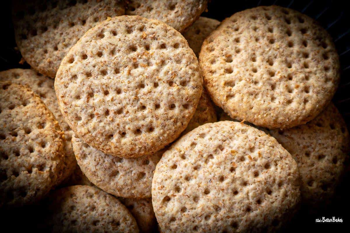 close up of plate of digestive biscuits